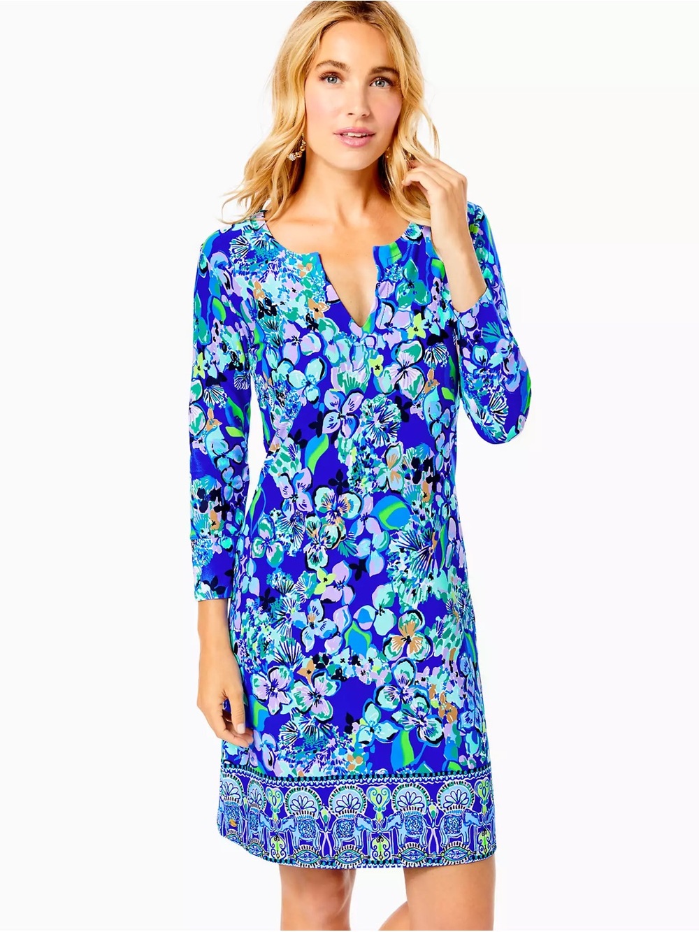 Lilly Pulitzer Blue Multicolor Floral Long-Sleeve Shift Dress